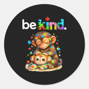 Pegatina Redonda Sé amable golpea mono rompecabezas colorido autism