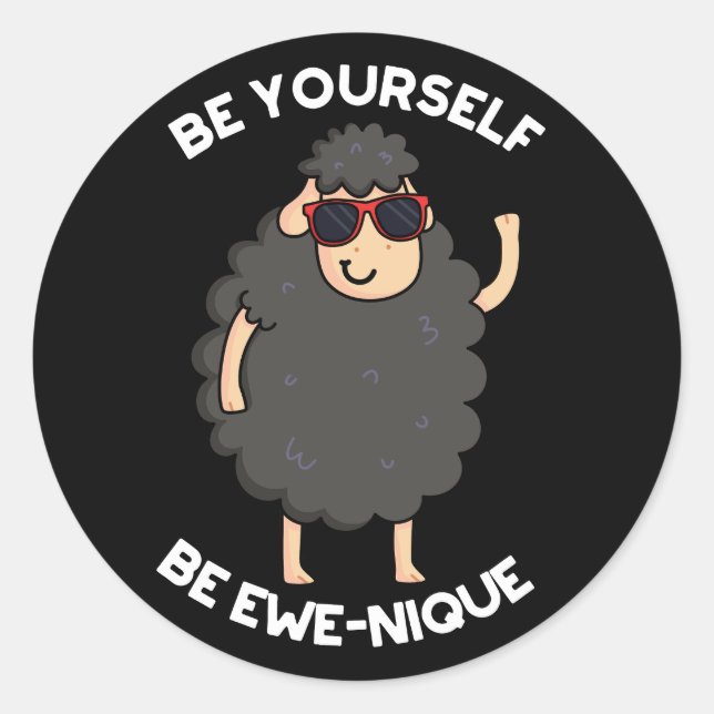 Pegatina Redonda Sé Ewenique Funny Sheep Pun Dark BG (Anverso)
