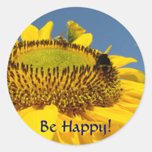 Pegatina Redonda ¡Sé Feliz! botón Girasol de Verano Abejorro