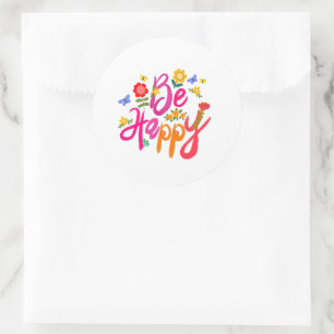 Pegatina Redonda Sé Feliz – Floral Colorido y Mariposa Boho