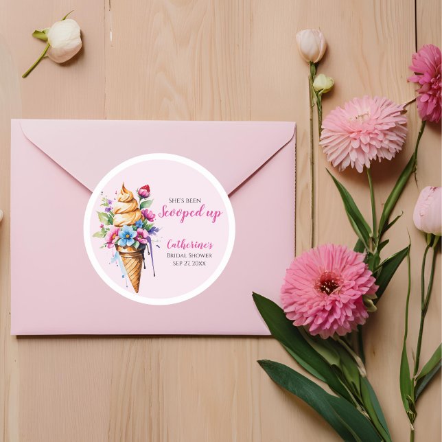 Pegatina Redonda Se La Han Tragado Fiesta de Despedida de Soltera d (Flat lay blush pink ice cream bridal shower sticker she’s been scooped up brunch and bubbly theme)