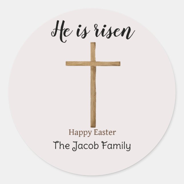 Pegatina Redonda Se levanta, Feliz Pascua a la familia, religioso (Anverso)