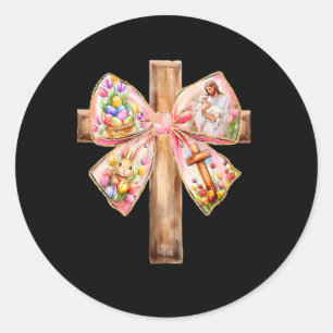 Pegatina Redonda Se Levanta Jesús Coquette Bow Cruza Pascua Mujeres