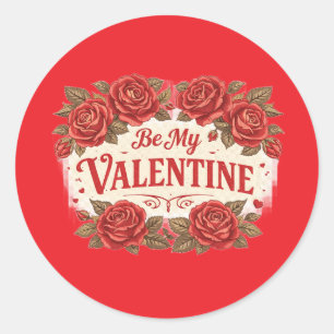 Pegatina Redonda Sé Mi San Valentín – Rosas Rojas Románticas Pegati