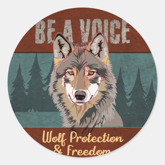 Pegatina Redonda Sé una voz - Protección de lobos y libertad (Anverso)