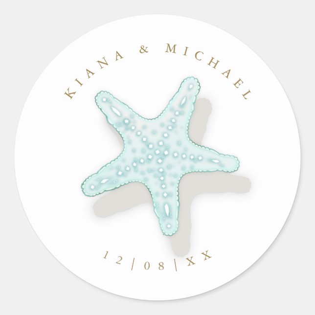 Pegatina Redonda Sea Foam Beach Wedding Starfish ID837 (Anverso)