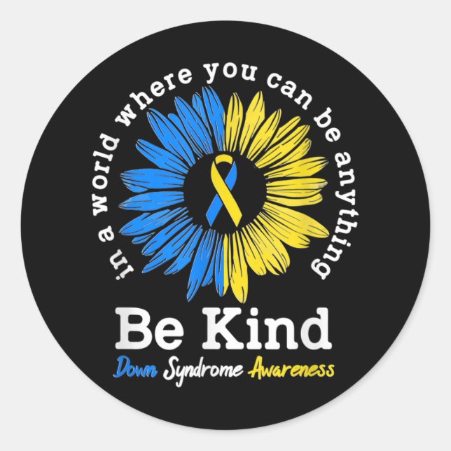 Pegatina Redonda Sea Kind Down Syndrome Awareness Ribbon Sunflower  (Anverso)