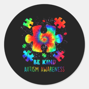 Pegatina Redonda Sea Kind Puzzle Pieces Tie Dye Autism Conciencia