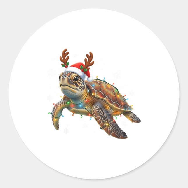 Pegatina Redonda Sea Turtle Christmas Lights Funny Santa Hat Men Wo (Anverso)
