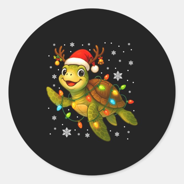 Pegatina Redonda Sea Turtle Christmas Lights Funny Santa Hat Merry  (Anverso)
