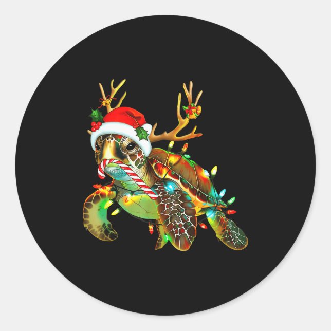Pegatina Redonda Sea Turtle Christmas Lights Santa Hat Merry Christ (Anverso)
