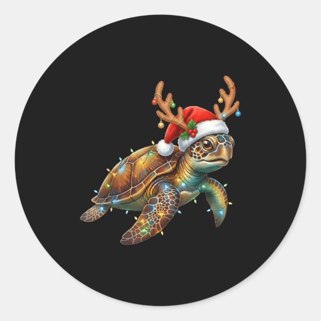 Pegatina Redonda Sea Turtle Christmas Lights Santa Hat Merry Christ (Anverso)