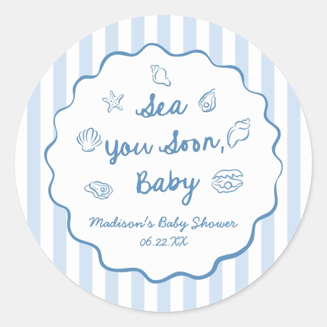 Pegatina Redonda Sea You Soon Baby Coastal Baby Shower (Anverso)