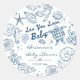 Pegatina Redonda Sea you soon seashells beach boy baby shower