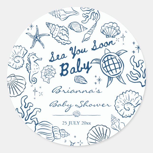 Pegatina Redonda Sea you soon seashells beach boy baby shower (Anverso)