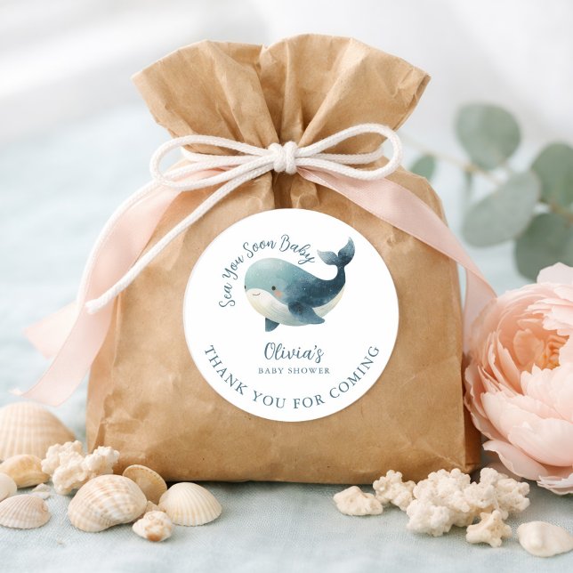 Pegatina Redonda Sea You Soon Whale White Thank You Baby Shower (Subido por el creador)