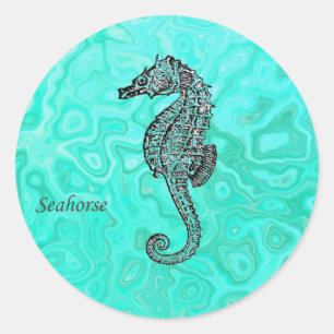 Pegatina Redonda Seahorse en modelo del mármol de la turquesa del