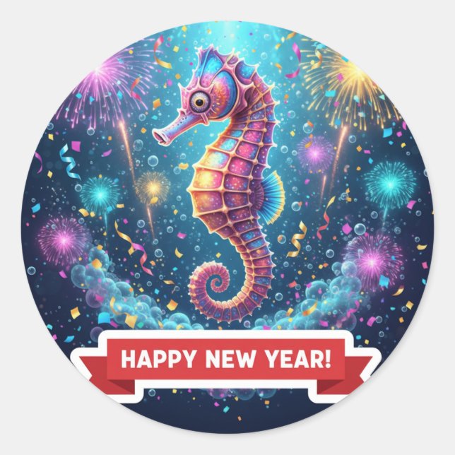 Pegatina Redonda Seahorse New Year Celebration Sticker (Anverso)