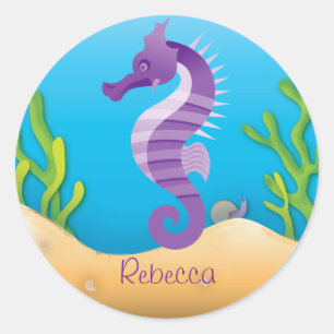 Pegatina Redonda Seahorse púrpura subacuático
