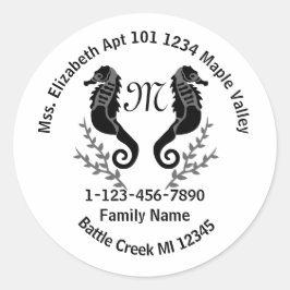 Pegatina Redonda Seahorse Silhouette Monogram Family Home Address