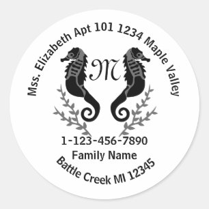Pegatina Redonda Seahorse Silhouette Monogram Family Home Address