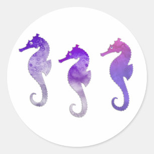 Pegatina Redonda Seahorses púrpuras de la acuarela