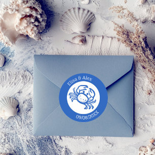 Pegatina Redonda Seashell Beach Wedding Blue White PERSONALIZADO