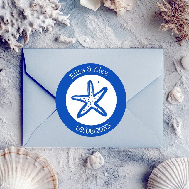 Pegatina Redonda Seashell Beach Wedding Blue White PERSONALIZADO (Seashell Beach Wedding Blue White CUSTOM Classic Round Sticker
)