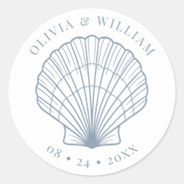 Pegatina Redonda Seashell Beach Wedding Coastal Dusty Blue