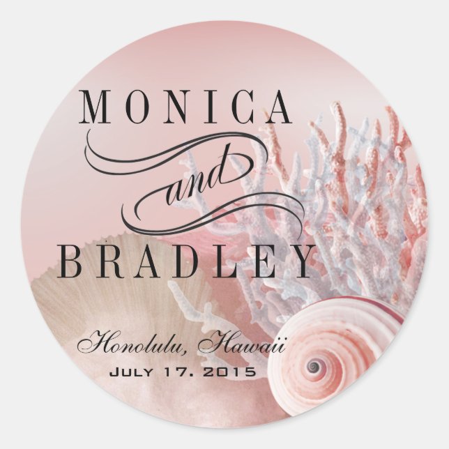 Pegatina Redonda Seashell Dreams Beach Wedding rosa (Anverso)