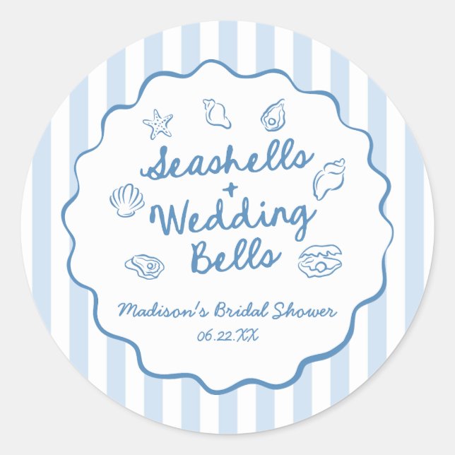 Pegatina Redonda Seashells and Wedding Bells Coastal Bridal Shower (Anverso)