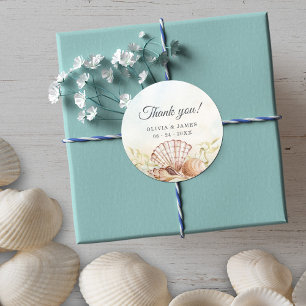 Pegatina Redonda Seashells Beach Tropical Gracias Boda
