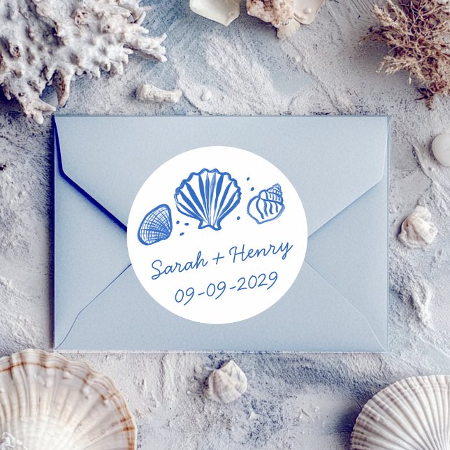 Pegatina Redonda Seashells Beach Wedding Blue White CUSTOM  (Seashells Beach Wedding Blue White CUSTOM Classic Round Sticker
)