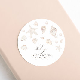 Pegatina Redonda Seashells y Pearls Coastal Boda Gracias