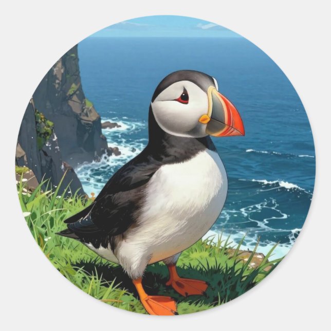 Pegatina Redonda Seaside Puffin Illustration   (Anverso)