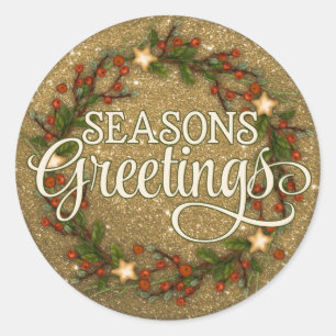 Pegatina Redonda Seasons Greetings Gold Purpurina Wreath
