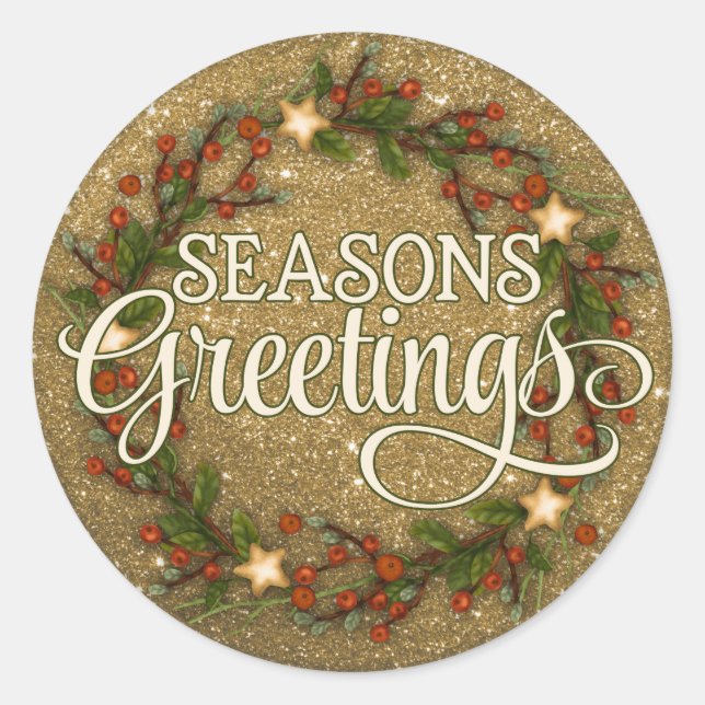 Pegatina Redonda Seasons Greetings Gold Purpurina Wreath (Anverso)
