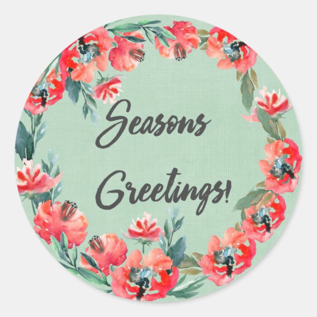 Pegatina Redonda Seasons Greetings Red Floral Watercolor Wreath (Anverso)