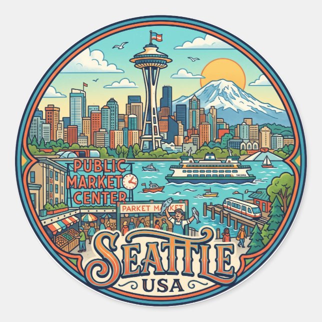 Pegatina Redonda Seattle EE. UU. (Anverso)