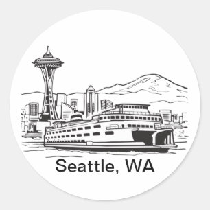 Pegatina Redonda Seattle Ferry Washington State Line Art