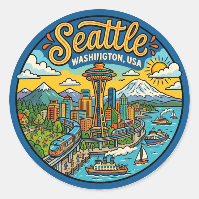 Pegatina Redonda Seattle Washington (Anverso)
