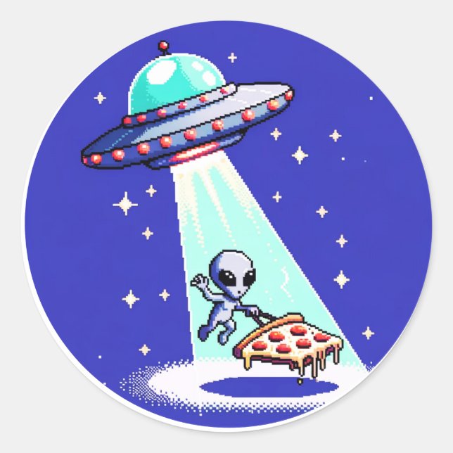Pegatina Redonda Secuestro de Pizza Alien - Gracioso diseño de OVNI (Anverso)