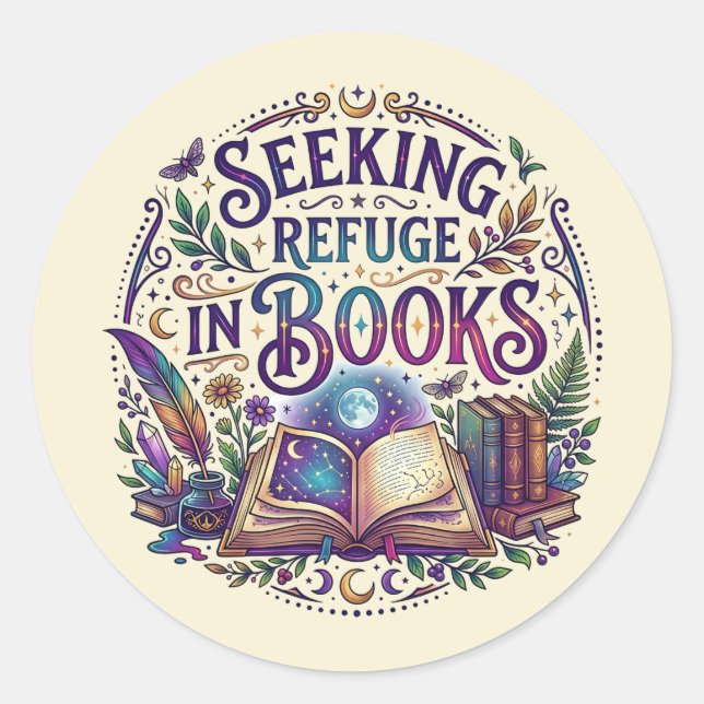 Pegatina Redonda Seeking Refuge in Books Whimsical Celestial Mystic (Anverso)