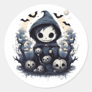 Pegatina Redonda Segador Chibi Encapuchado Halloween - Fantasía Osc