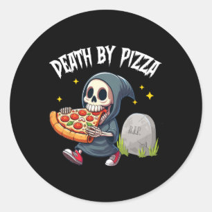 Pegatina Redonda Segador Sombrío Espantoso Comiendo Pizza Muerte Po
