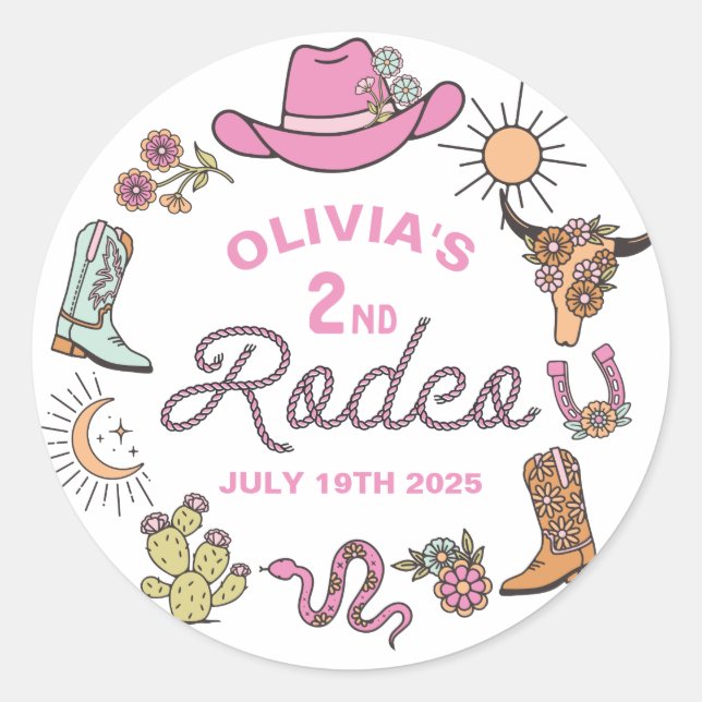 Pegatina Redonda Segundo cumpleaños de Rodeo Rosa Occidental Cowboy (Anverso)