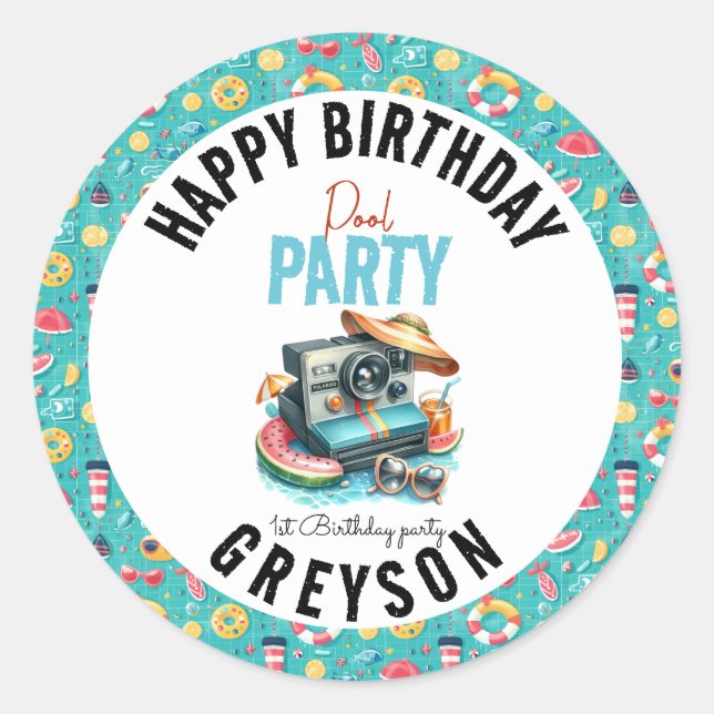 Pegatina Redonda Segundo cumpleaños del Fiesta de la piscina de ver (Anverso)