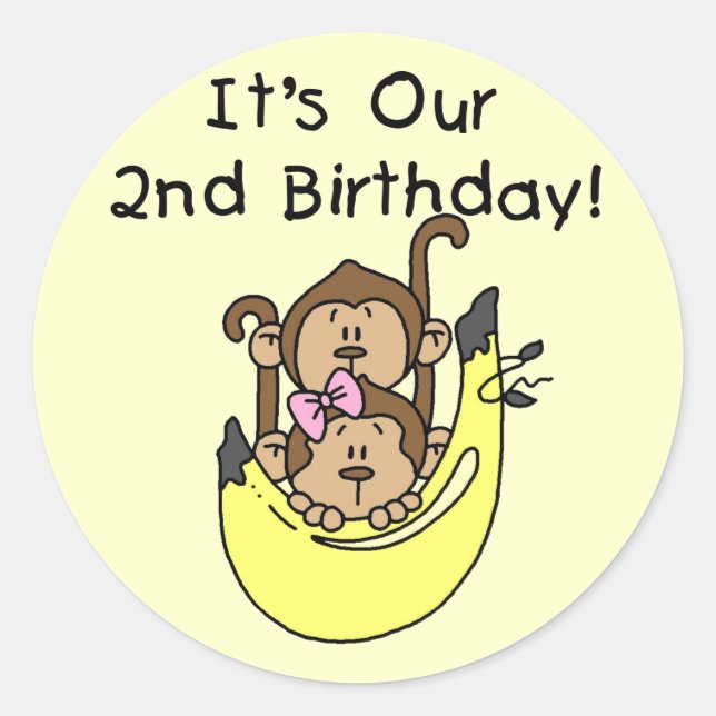 Pegatina Redonda Segundo cumpleaños del mono gemelo y Chica (Anverso)