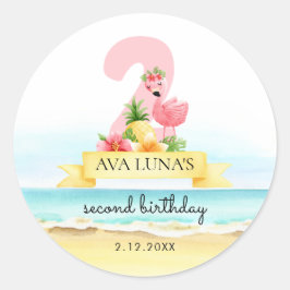 Pegatina Redonda Segundo cumpleaños del verano de Flamingo Rosado