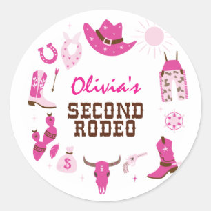 Pegatina Redonda Segundo Rodeo Pink Western Cowboy Cumpleaños 2